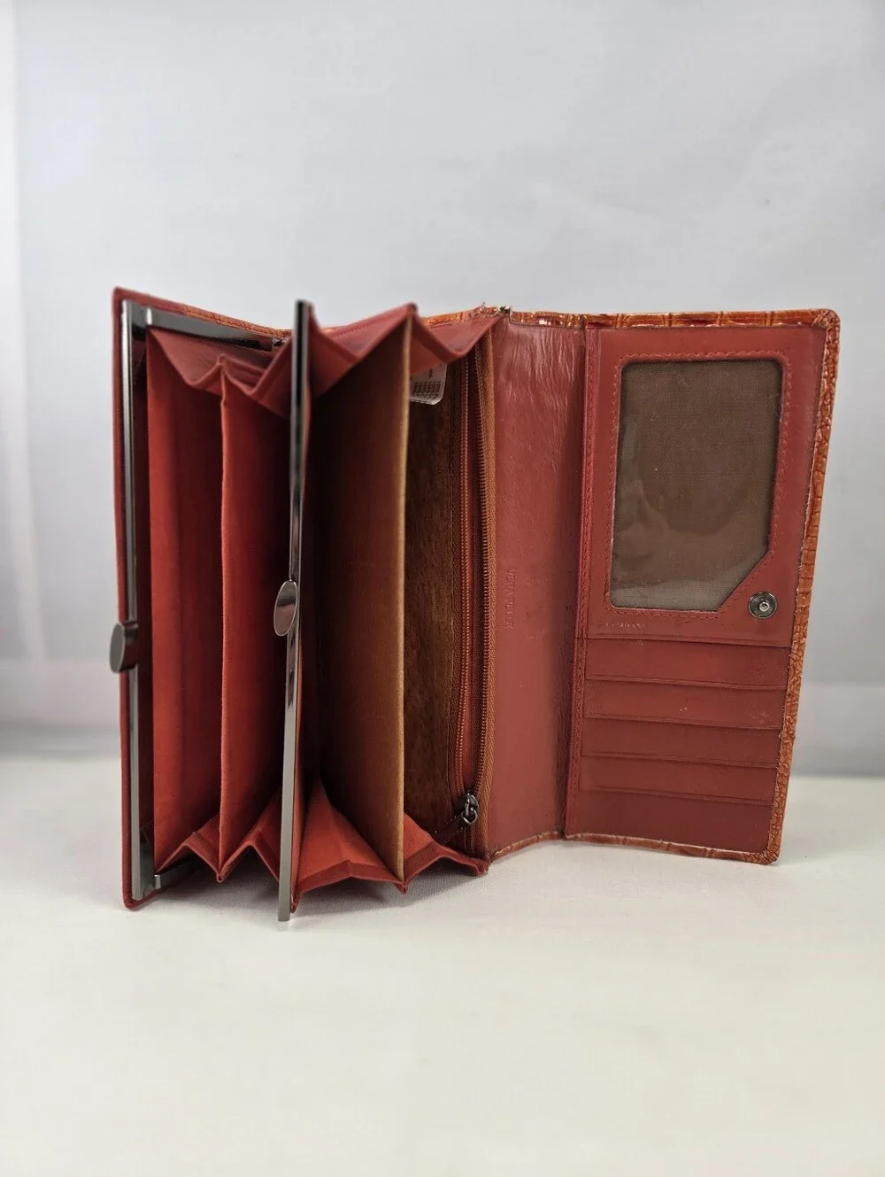 Vera Pelle Burnt Orange Croc Embossed Leather Kiss Lock Wallet